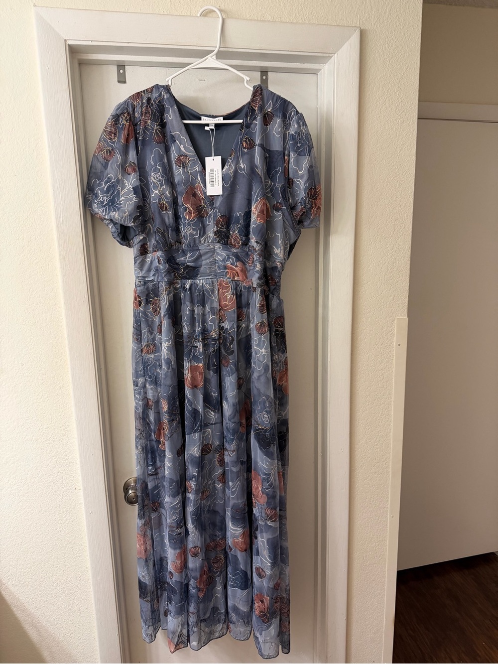 Baltic Born Slate Blue Floral V-Neck Dress with Rust Blooms